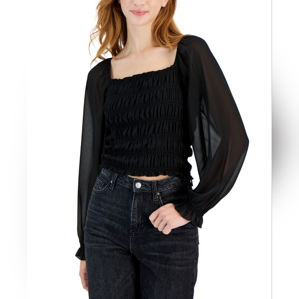 HIPPIE ROSE women's Smocked Square-neck mesh sleeve black Top Size M